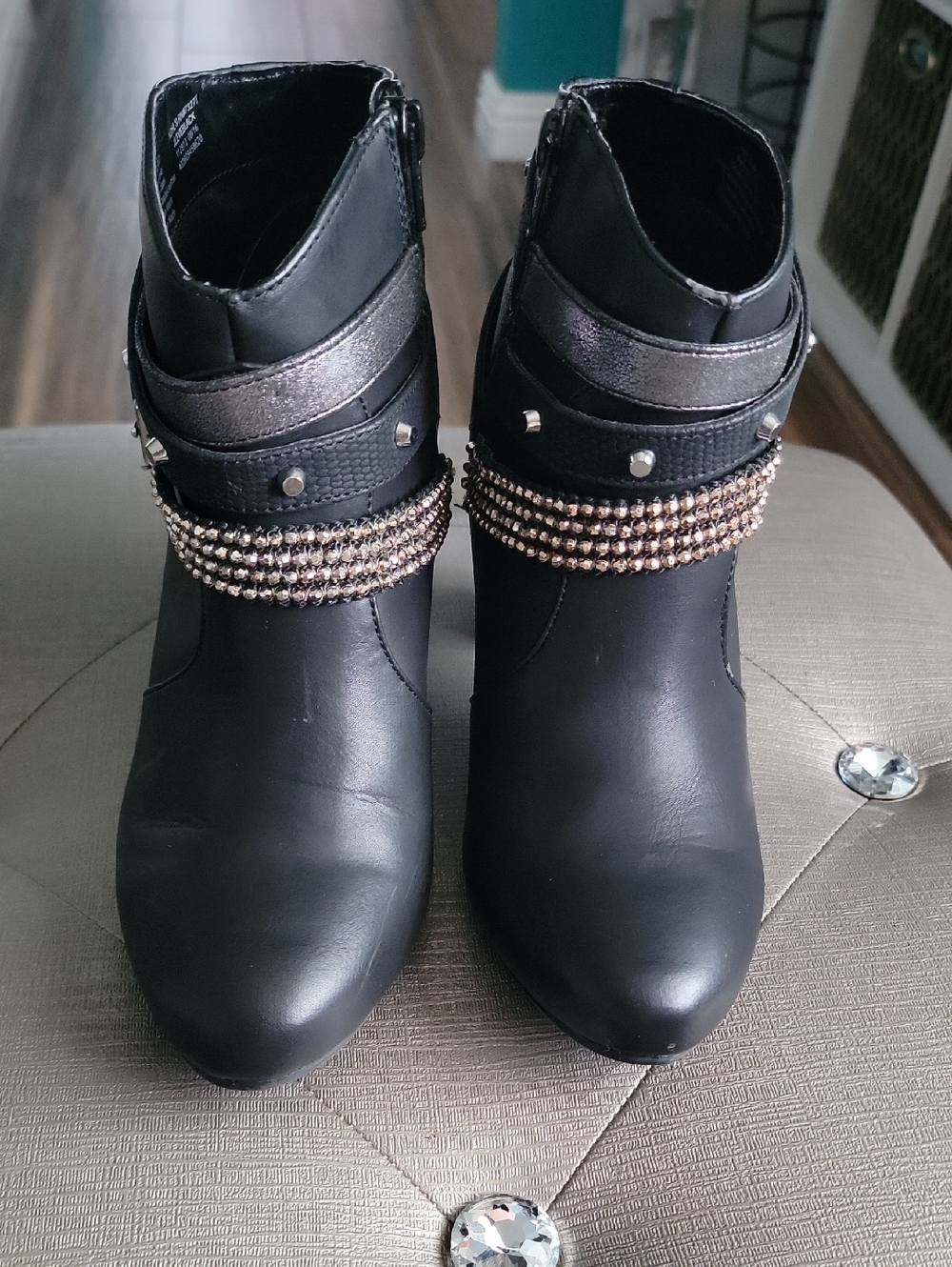Jennifer Lopez Black Ankle Booties with Metallic Strap and Beaded Accent